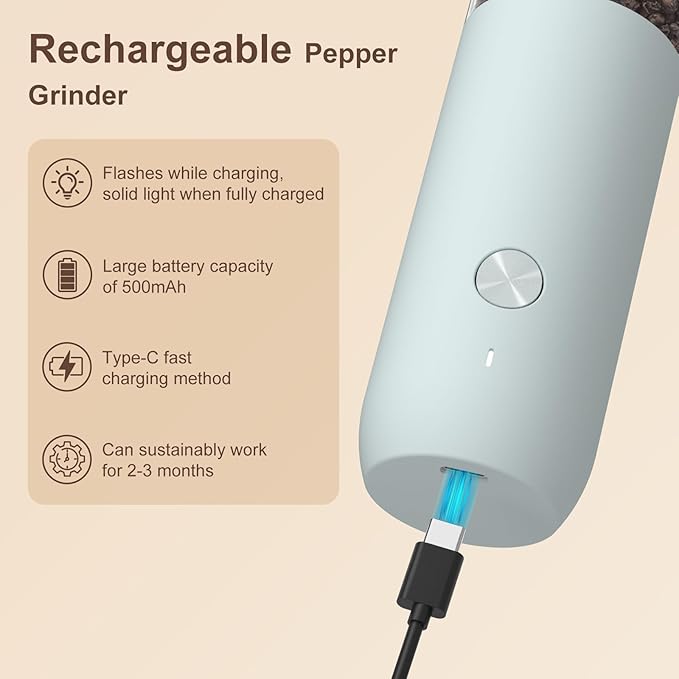 Ultrean Pepper Grinder, Rechargeable Salt and Pepper Grinder with 6 Adjustable Coarseness, LED Light, One-Hand Automatic Operation, Gifts for Women, Blue - Image 4