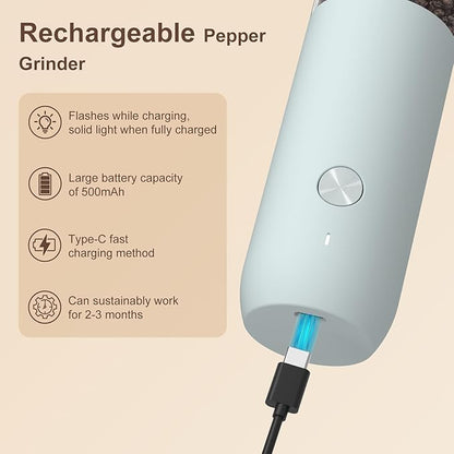 Ultrean Pepper Grinder, Rechargeable Salt and Pepper Grinder with 6 Adjustable Coarseness, LED Light, One-Hand Automatic Operation, Gifts for Women, Blue - Image 4