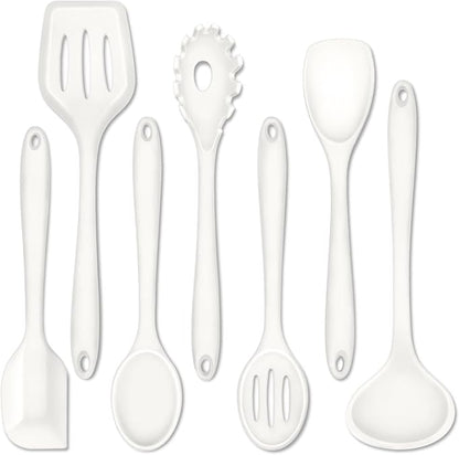P&P CHEF Silicone Cooking Utensils Set of 7, Heat-proof Kitchen Utensils Set for Nonstick Cookware, Non-stick Spatula, Slotted Turner, Soup Ladle, Pasta Server, Spoon for Cooking Serving - White by PPCHEF