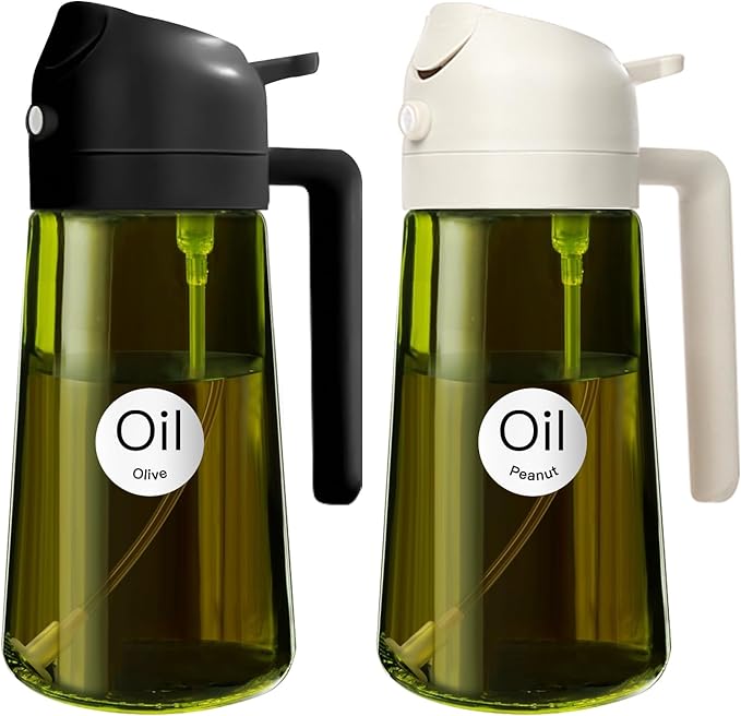 YARRAMATE 16oz/470ml 2PCS Light Blockage Dark Oil Sprayer for Cooking, 2 in 1 Olive Oil Dispenser Bottle for Kitchen, Green Glass Oil Bottle, Food-Grade Oil Mister for Air Fryer, BBQ (Black & White) by YARRAMATE