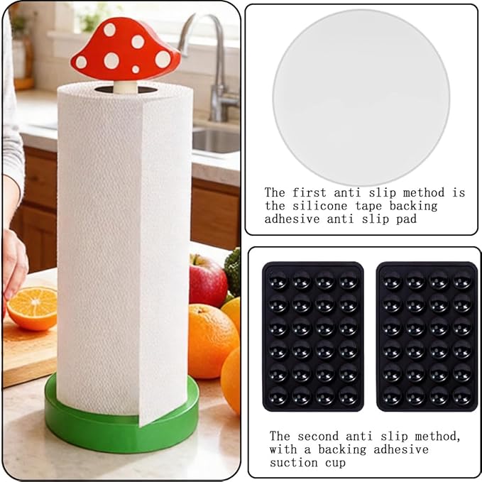 Modern Wooden Paper Towel Holder Stand - Beautiful Mushroom Design with Anti-Skid Base, Easy No-Tool Assembly for Kitchen Countertop, Bathroom, Office - Natural Home Decor