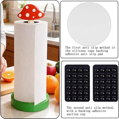 Modern Wooden Paper Towel Holder Stand - Beautiful Mushroom Design with Anti-Skid Base, Easy No-Tool Assembly for Kitchen Countertop, Bathroom, Office - Natural Home Decor