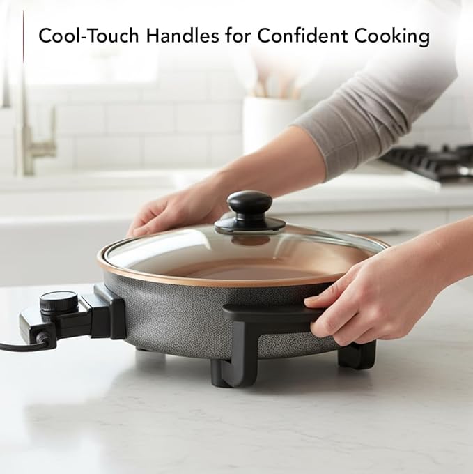 OVENTE 11.5-Inch Electric Skillet & Frying Pan, 1400W Nonstick Cooking Pan with Adjustable Temperature Control, Tempered Glass Lid with Steam Vent, Cool-Touch Handles, Easy-Clean Copper SK11112CO - Image 6