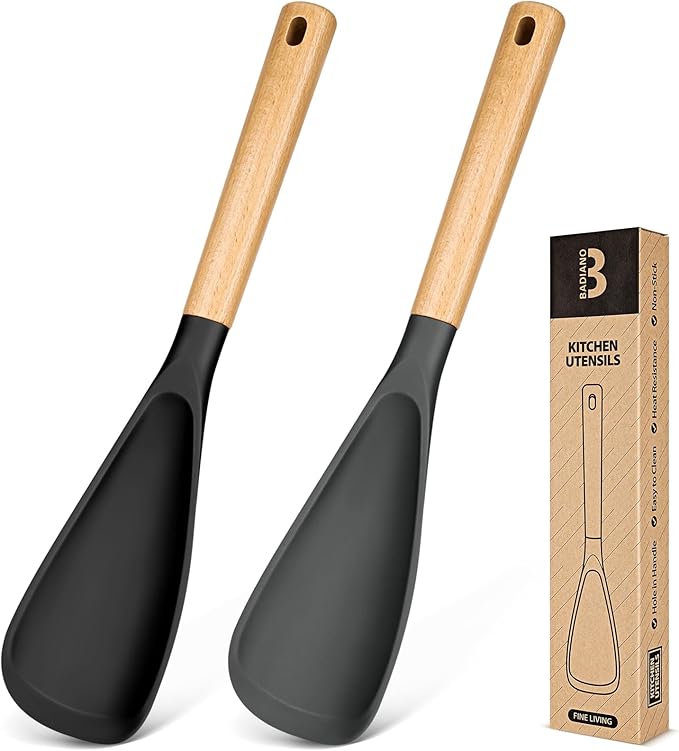 Cooking Spoon for Nonstick Cookwares, Great for Cooking and Serving Sturdy BPA-Free Matte Silicone, Wood Handle Spoon for Mixing, Scoop, and Scrape (Black & Grey, 13.4 inch) by BADIANO