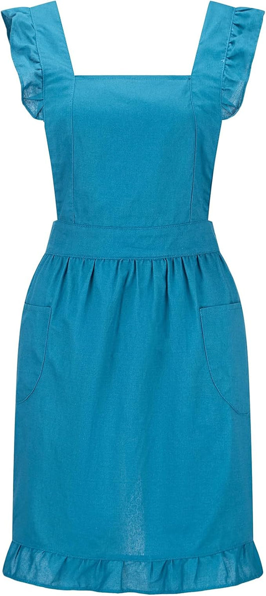 Hyzrz Retro Adjustable Ruffle Aprons with Pockets for Women Girls Vintage Cross Back Pinafore Dress Maid Costume Apron