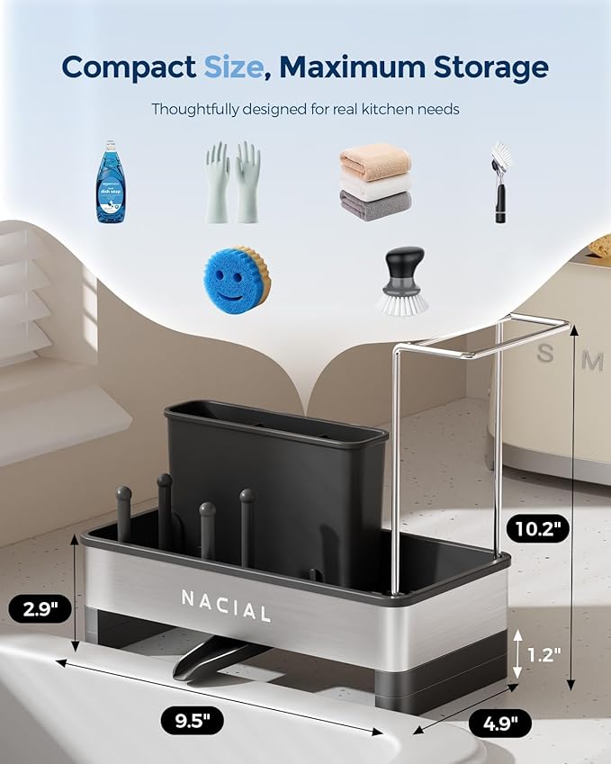 Nacial Kitchen Sink Caddy Organzier with High Brush Holder, Sponge Holder for Kitchen Sink with Two Towel Racks - Rustproof 304 Stainless Steel Kitchen Countertop Storage Essentials - Image 2