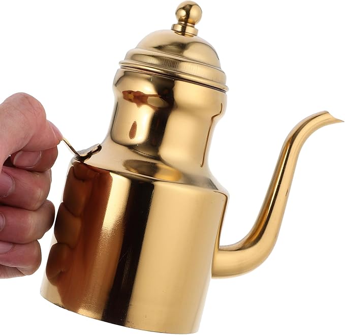 Garneck Gold Olive Oil Dispenser Bottle for Kitchen 11oz Stainless Steel Oil Storage Container With Long Spout Vinegar Grease Pot With Non- Slip Handle for Bbq Cooking Restaurant
