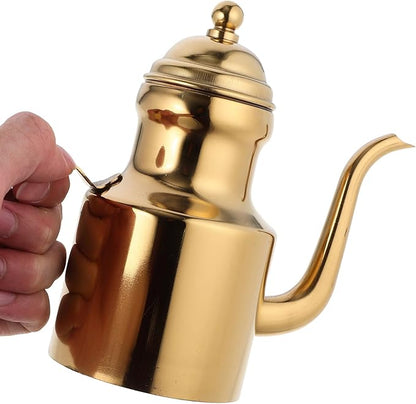 Garneck Gold Olive Oil Dispenser Bottle for Kitchen 11oz Stainless Steel Oil Storage Container With Long Spout Vinegar Grease Pot With Non- Slip Handle for Bbq Cooking Restaurant