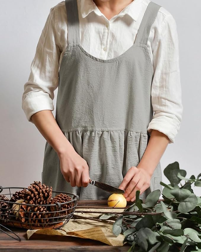 Uaussi Cotton Linen Apron Cross Back Work Apron for Women with Pockets Pinafore Dress X Cross Halter Apron for Chef Gardening - Image 6