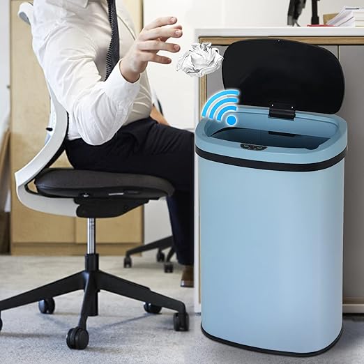 Dkeli Kitchen Trash Can for Bathroom Bedroom Home Office Automatic Touch Free High-Capacity Garbage Can with Lid Brushed Stainless Steel Waste Bin 13 Gallon / 50L - Blue