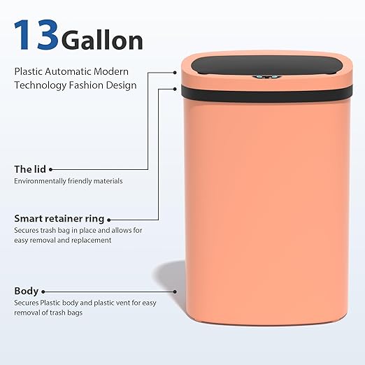 13 Gallon/50 L Kitchen Trash Can with Lid, Garbage Can with Touch-Free Lid, Cute Automatic Trash Can Bathroom Trash Bin, Motion Sensor Waterproof Trash Bin