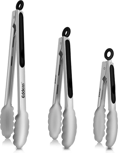 Tongs For Cooking - Heat Resistant 600 Degrees Stainless Steel Kitchen Tong,Heavy Duty Metal Locking Tongs - Perfect for Food,Salad and BBQ set of 3 (7",9" and 12") Dishwasher by Eddeas
