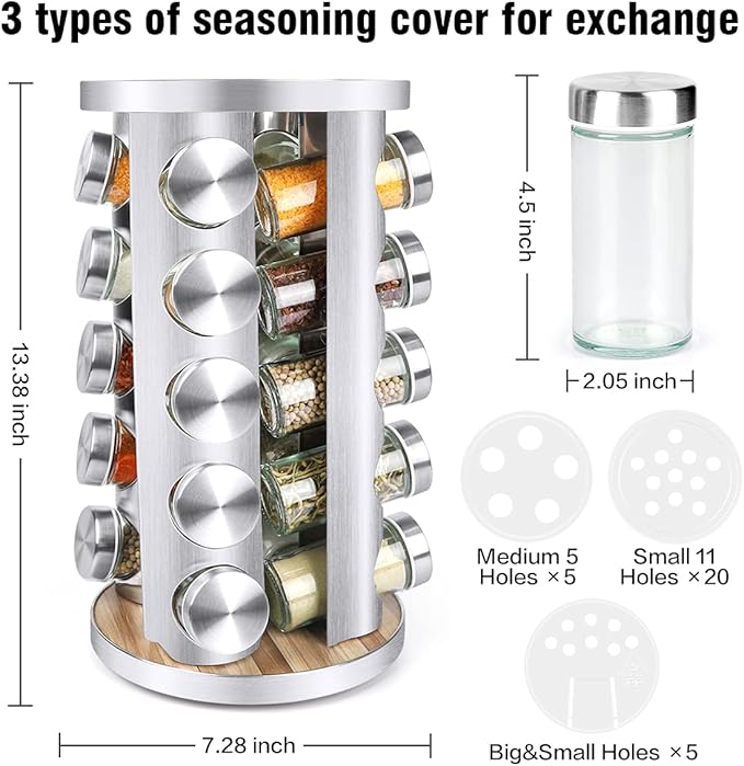 Spice Rack Organizer with Jars for Cabinet (20Pcs) Revolving/Rotating Seasoning Organizer, Stainless Steel/Wooden Countertop Rack Tower Organizer for Kitchen Pantry with Reusable Labels/Funnel/Brushes - Image 2