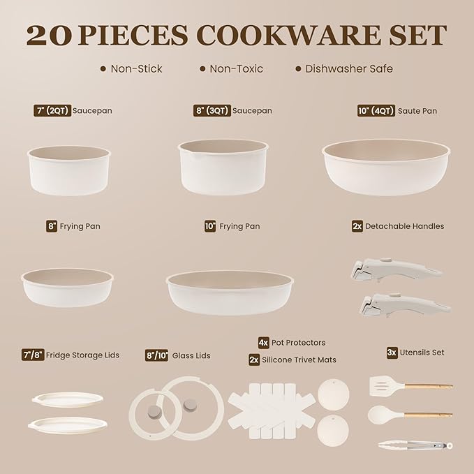 KIKCOIN Nonstick Pots and Pans Set, 20 Pack Cookware Set with Detachable Handle, Induction RV Kitchen Cooking Set with Removable Handle, Frying Pans - Dishwasher/Oven Safe, PFOA Free - Image 2