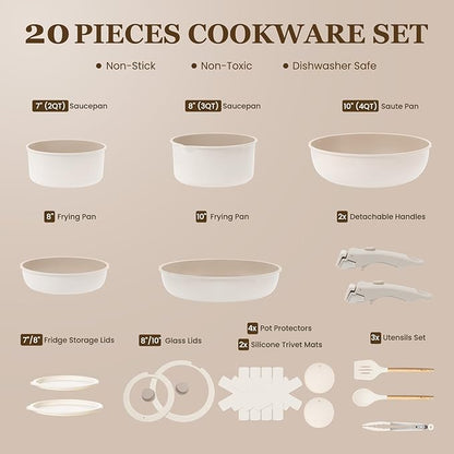 KIKCOIN Nonstick Pots and Pans Set, 20 Pack Cookware Set with Detachable Handle, Induction RV Kitchen Cooking Set with Removable Handle, Frying Pans - Dishwasher/Oven Safe, PFOA Free - Image 2