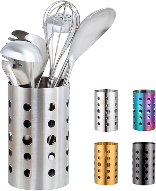 QRU Kitchen Utensil Holder for Countertop (H6.7” x W4.1”), Stainless Steel Cooking Utensil Caddy for Tools, Spatulas, Spoons, Silverware & More, Cooking Utensil Organizer, Kitchen Decor (Silver)