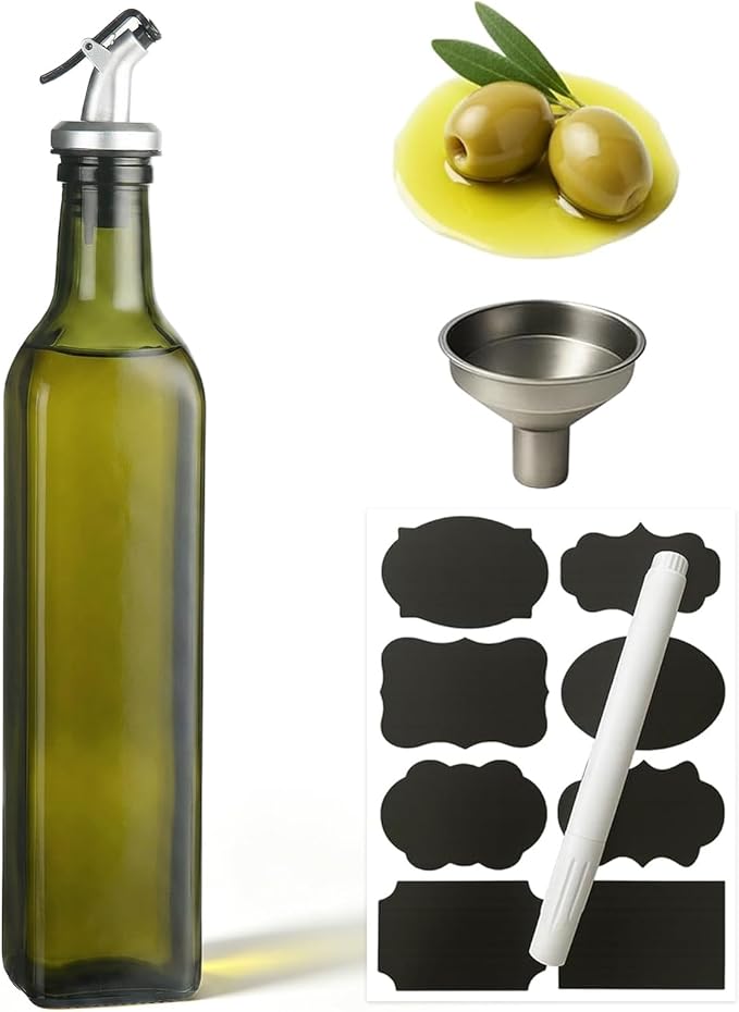 WERTIOO Green Olive Oil Dispenser Bottle,17oz Glass Oil and Vinegar Dispenser for Kitchen, 500ml Glass Bottles for Vinegar Oliveoil with Label and Funnel by WERTIOO