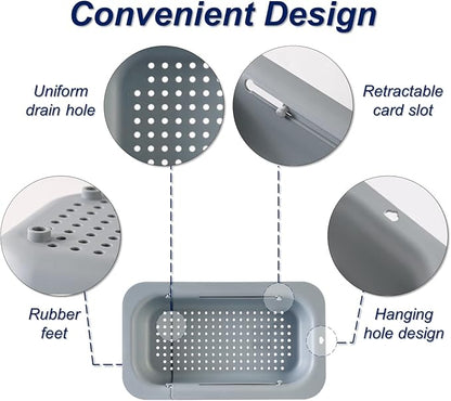 Extendable Sink Colander Strainer Basket - Wash Vegetables and Fruits, Drain Cooked Pasta and Dry Dishes - Adjustable Over the Sink Colander Collapsible Drainer Basket -Gray