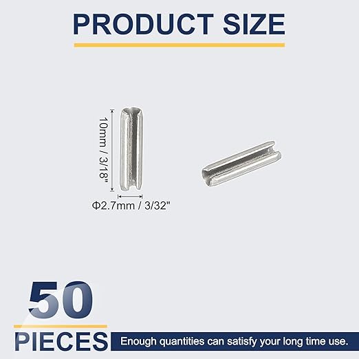 PATIKIL Slotted Spring Pin, 50 Pcs 3/32" x 3/8" (2.7mm x 10mm) 304 Stainless Steel Split Roll Pins Spring Dowel for Home Improvement Automotive Machine Repair, Silver