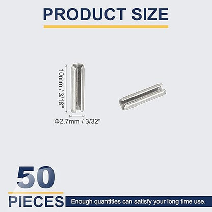 PATIKIL Slotted Spring Pin, 50 Pcs 3/32" x 3/8" (2.7mm x 10mm) 304 Stainless Steel Split Roll Pins Spring Dowel for Home Improvement Automotive Machine Repair, Silver