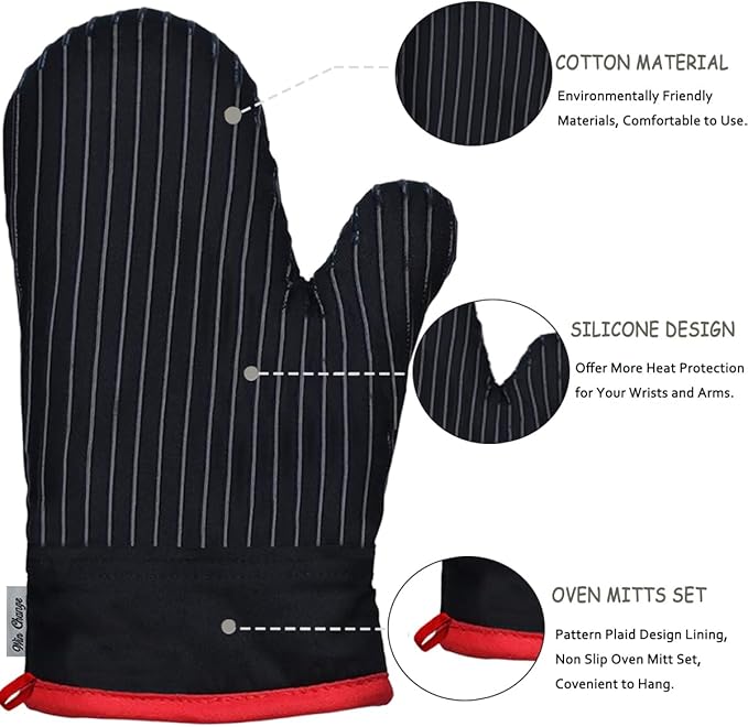 Oven Mitts and Pot Holders Sets,Oven Mitts and Potholders with Cotton High Heat Resistant Extra Thick Long Oven Mitts for Cooking 4 Pcs,Black Red - Image 3