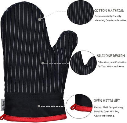 Oven Mitts and Pot Holders Sets,Oven Mitts and Potholders with Cotton High Heat Resistant Extra Thick Long Oven Mitts for Cooking 4 Pcs,Black Red - Image 3