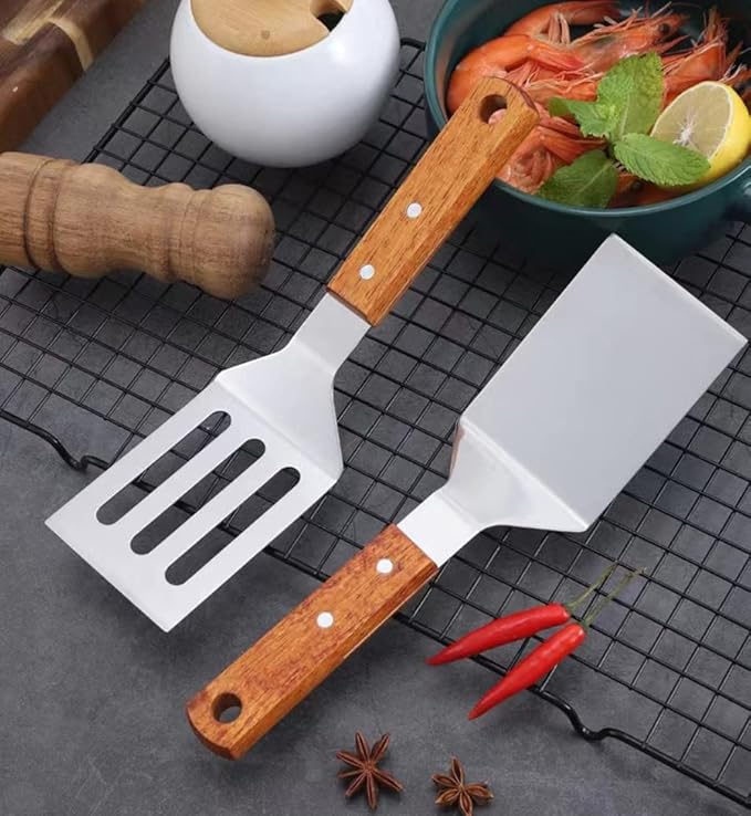KLAQQED 2 PCS Metal Spatula for Cast Iron Skillet, Stainless Steel Grill Spatula Slotted Turner Fish with Wood Handle Flat Top Griddle for Cooking BBQ