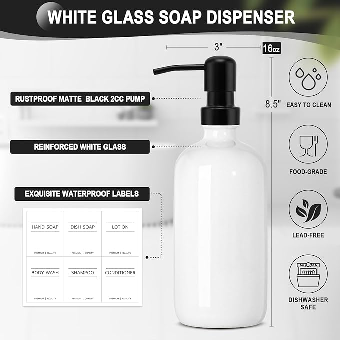KASUNTING Hand Soap Dispenser for Kitchen, White Soap Dispensers with Stainless Steel Pump, Bathroom Soap Dispenser Set with Wood Riser Tray, Kitchen Dish Soap Dispensers Bathroom Decor(White) - Image 3