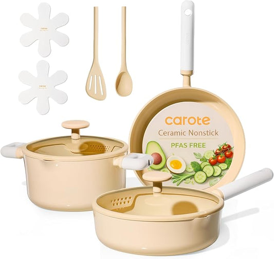 CAROTE Pots and Pans Set Nonstick, Ceramic Cookware Set, Yellow Cooking Set Kitchen Induction Set with Steamer, PFAS PTFE Free,9 Piece by CAROTE