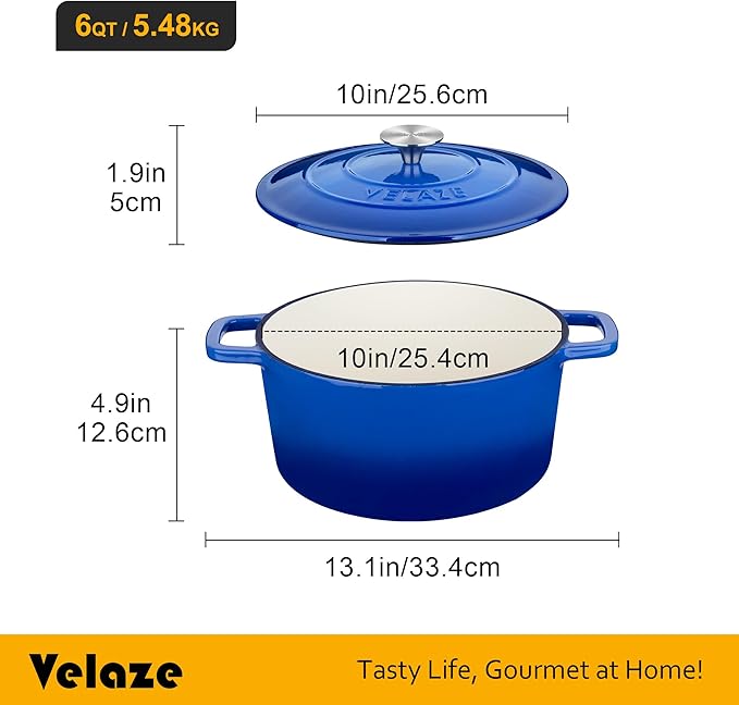 Velaze 6 QT Enameled Dutch Oven Pot with Lid, Cast Iron Dutch Oven with Dual Handles for Sourdough Bread Baking, Cooking, Non-stick Enamel Coated Cookware (Blue) - Image 2