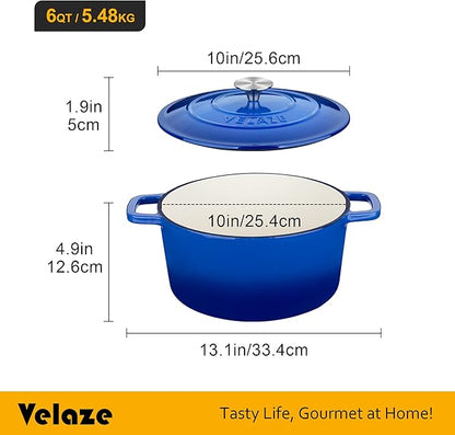 Velaze 6 QT Enameled Dutch Oven Pot with Lid, Cast Iron Dutch Oven with Dual Handles for Sourdough Bread Baking, Cooking, Non-stick Enamel Coated Cookware (Blue) - Image 2