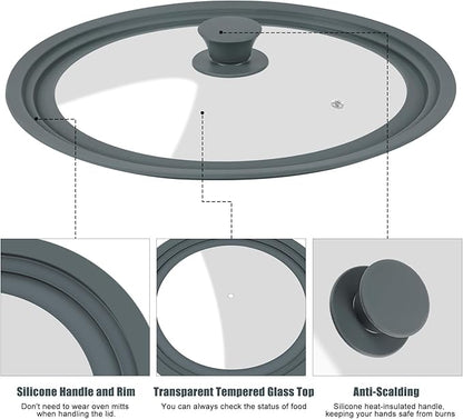 Universal Lid for Pots, Pans, and Skillets - 2 Pack Silicone Replacement Pan Lid Fits 7", 8" 9" & 10", 11", 12" Cookware - Tempered Glass Pot Lid Cover for Frying Pans, Cast Iron, CrockPot