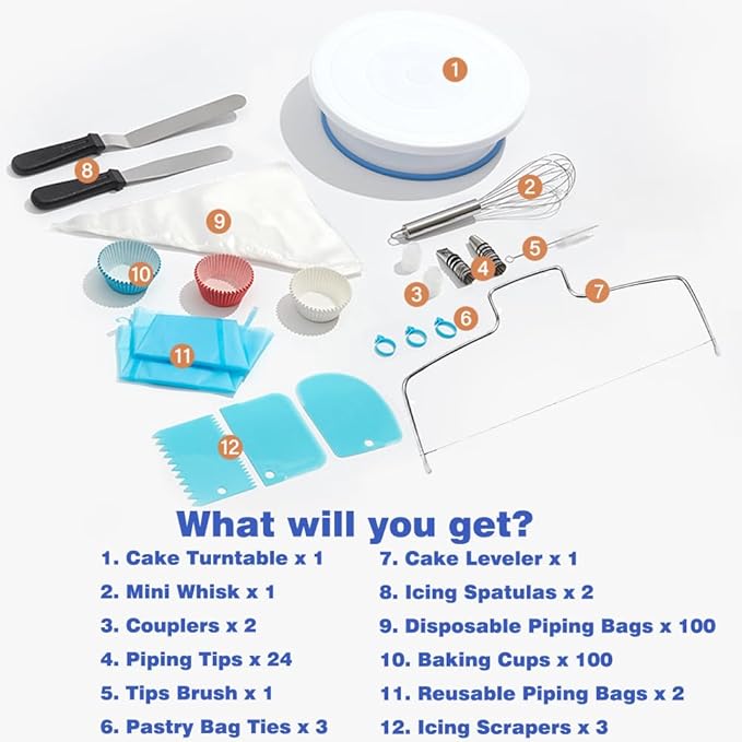 240PCS Cake Decorating Supplies Kits Cake Turntable, 100 Piping Bags 100 Disposable Cupcake Liners 24 Icing Piping Tips 3 Icing Scrapers 2 Spatulas Cake Leveler for Baking - Image 6