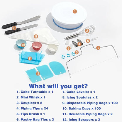 240PCS Cake Decorating Supplies Kits Cake Turntable, 100 Piping Bags 100 Disposable Cupcake Liners 24 Icing Piping Tips 3 Icing Scrapers 2 Spatulas Cake Leveler for Baking - Image 6