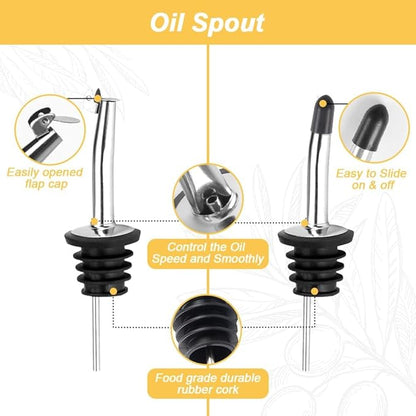 Olive Oil Dispenser Bottle, 2 Pcs Glass Oil Bottle for Kitchen, Oil and Vinegar Dispenser Set with 2 Stainless Steel Pourers, 4 Labels,1 Brush and 1 Funnel