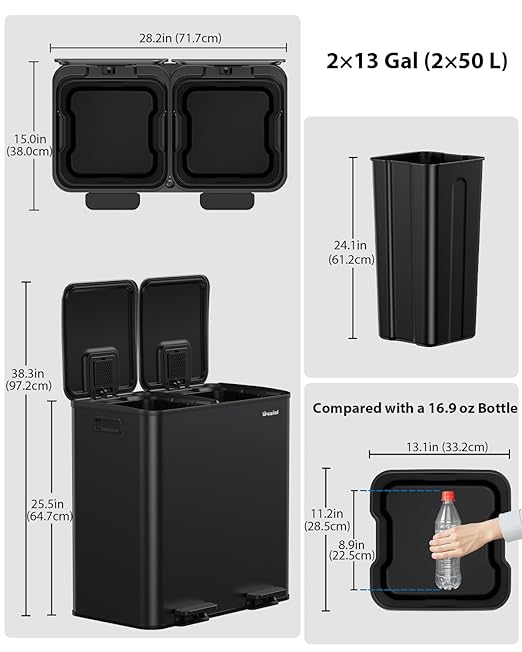 Dual Trash and Recycling Bins for Kitchen, 2×13 Gallon (2× 50L) Stainless Steel Trash and Recycle Bin Combo with Soft-Close Lid, Large Garbage Cans for Kitchen Home with 2 Magnets Sticker, Black