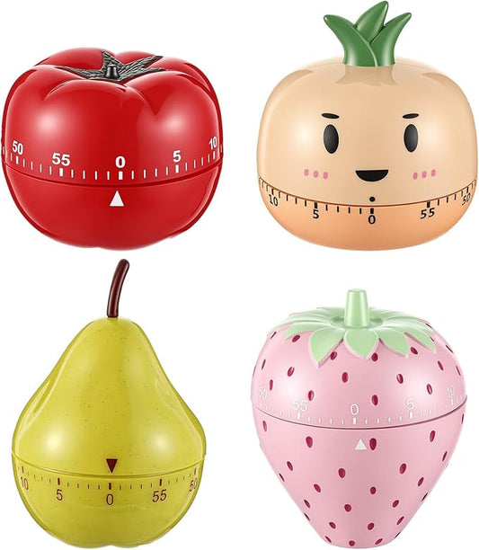 Amylove 4 Pieces Cute Kitchen Timer, Animal Mechanical Manual, Tomato, Strawberry, Pineapple, Pear, 60 Minutes Loud Alarm Egg Windup Timer, for Adults Christmas Home Cooking Baking Fitness Beauty
