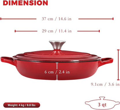 Flavehc Braiser Enameled Cast Iron Braiser 3 qt Braiser Pan with Lid Red Shallow Cast Iron Casserole Braiser Pan with Handels