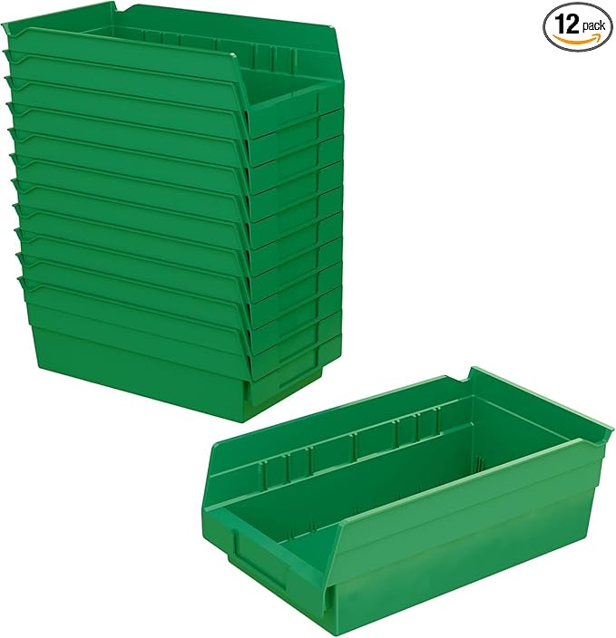 Akro-Mils 30130 Plastic Shelf Bins, Heavy Duty Storage Bins for Garage, Closet, and Drawer Organization, 12" x 6-1/2" x 4", Green, 12-Pack by Akro-Mils