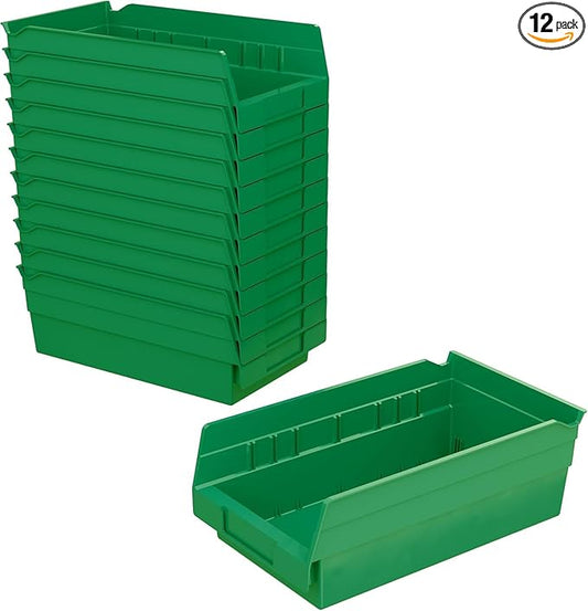 Akro-Mils 30130 Plastic Shelf Bins, Heavy Duty Storage Bins for Garage, Closet, and Drawer Organization, 12" x 6-1/2" x 4", Green, 12-Pack by Akro-Mils