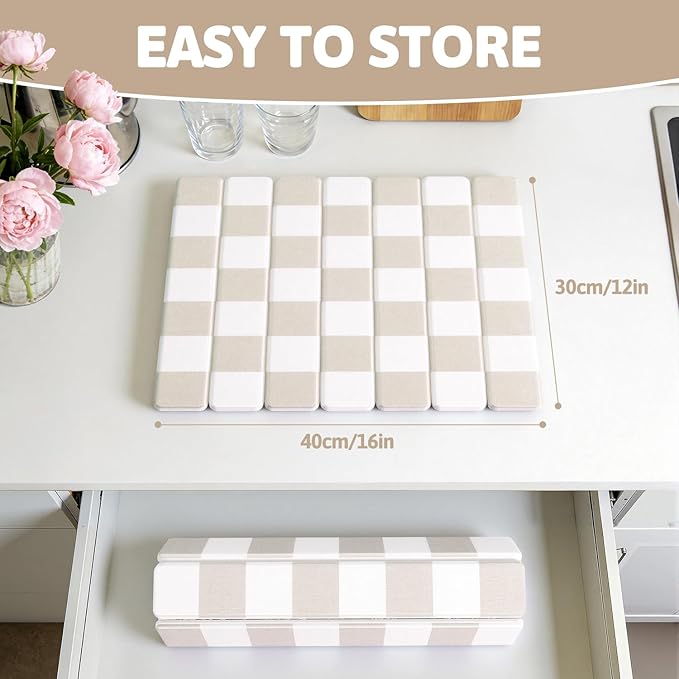 Yamaziot Stone Drying Mat for Kitchen Counter, 16"x12" Small Foldable Ultra Absorbent Stone Drying Mat, Quick-Dry Diatomaceous Earth Mat, Non-Slip Heat Resistant Mat for Dishes, Cups, Bottles, Beige