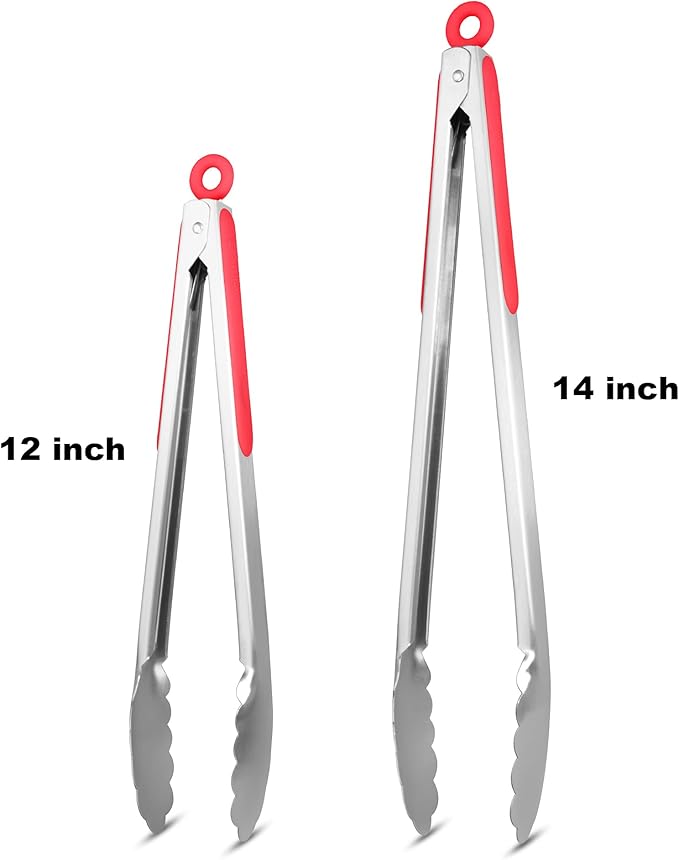 304 Stainless Steel Kitchen Cooking Tongs, 12" and 14" Set of 2 Sturdy Grilling Barbeque Brushed Locking Food Tongs with Ergonomic Grip, Red - Image 4