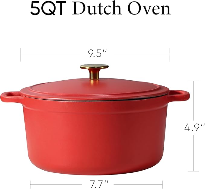 CAROTE 5QT Enameled Cast Iron Dutch Oven Pot with Lid, Heavy-Duty Dutch Oven for Sourdough Bread Baking, Braising, Stews, Roasting, Healthy & Non-Toxic, Dual Handles, All Stovetop Compatible, Oven Safe up to 500° F, Red - Image 2