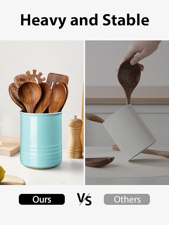 ABRUTY Utensil Holder, 6.7" Ceramic Kitchen Utensil Crock for Countertop Cooking, Modern Utensil Caddy Jar Organizer for Farmhouse Kitchen Counter Décor, Turquoise - Image 6