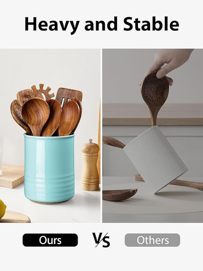 ABRUTY Utensil Holder, 6.7" Ceramic Kitchen Utensil Crock for Countertop Cooking, Modern Utensil Caddy Jar Organizer for Farmhouse Kitchen Counter Décor, Turquoise - Image 6