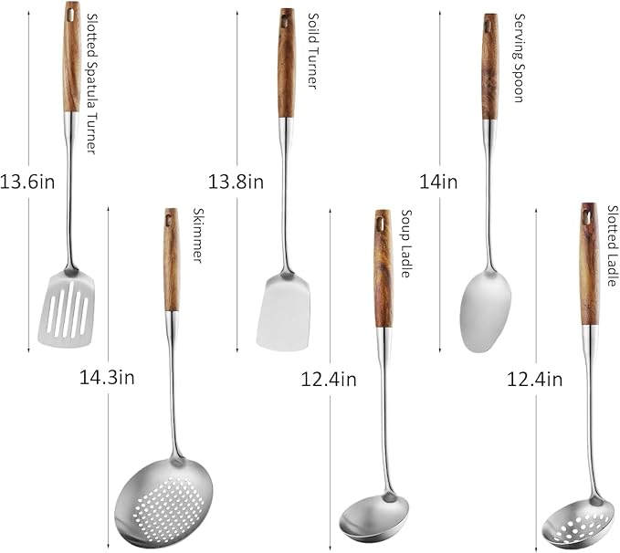 6 Pcs Cooking Utensils Set 304 Stainlss Steel Kitchen Utensils Set Heat Resistant Wooden Handle Kitchen Tools Metal Kitchen Utensil Soup Ladle Set, Dishwasher Safe - Image 2