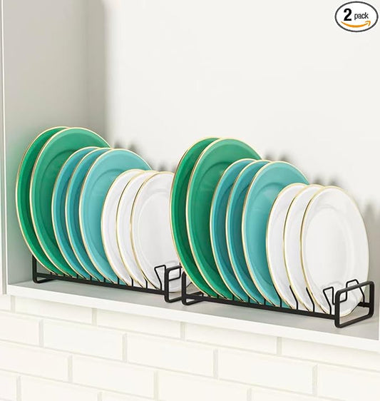 Plate Organizer for Cabinet (2-Pack),Kitchen Dish Rack Organizer for Cabinet Countertop Drawer Space Saver，8 Slots Vertical Plate Holder Storage Rack, Housewarming Kitchen Gifts for Women (Black)