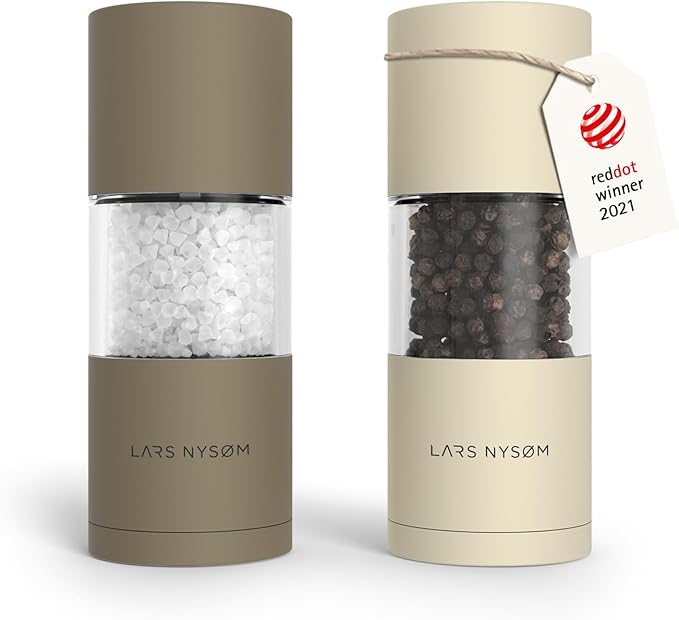 LARS NYSØM Salt and Pepper Grinder Set, Manual Salt and Pepper Mills with Adjustable Ceramic Grinder, Design Spice Shaker Set (Brown/Beige) by LN