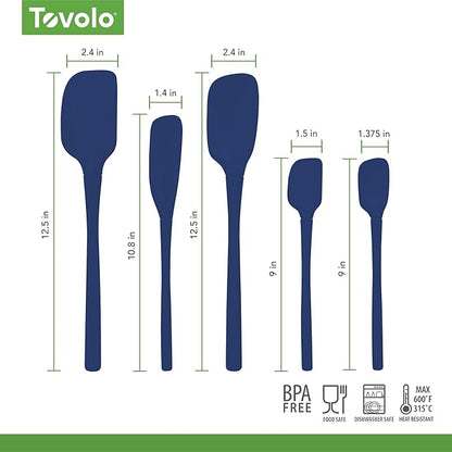 Tovolo Flex Core 5 Piece Silicone Spatula Set Heat Resistant All Silicone Utensils Include Non Stick Spatula Spoonula Jar Scraper, Dishwasher Safe BPA Free Spatulas for Baking Mixing, Deep Indigo