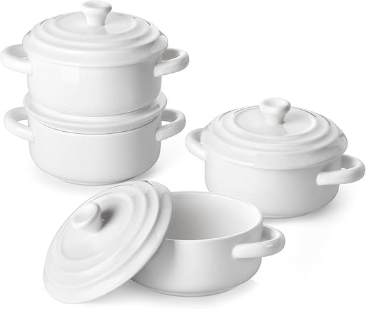MALACASA Mini Cocotte Set - 14 OZ Small Casserole Dishes with Lids and Handles, Ceramic Mini Dutch Oven Set of 4, Small Baking Ramekins for Lasagna, Soufflé, Oven, Microwave & Dishwasher Safe, Series BAKE.BAKE by MALACASA